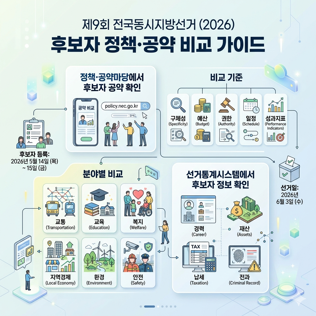 지방선거 공약 비교 방법 2026 후보자 정책·지역 현안 확인 가이드 인포그래픽