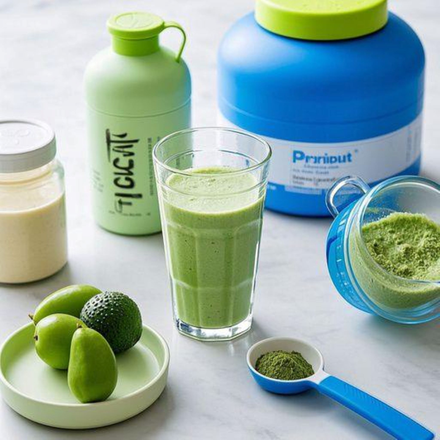 다양한 단백질 쉐이크 제품들이 나란히 진열되어 있고, 그 옆에는 완성된 쉐이크를 담은 투명한 쉐이커와 측정 스푼이 놓여있는 모습.