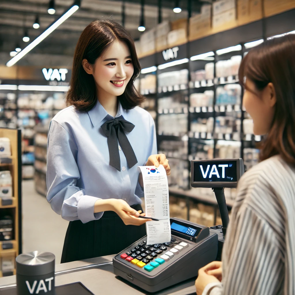  직원이 고객에게 부가가치세가 포함된 영수증을 설명