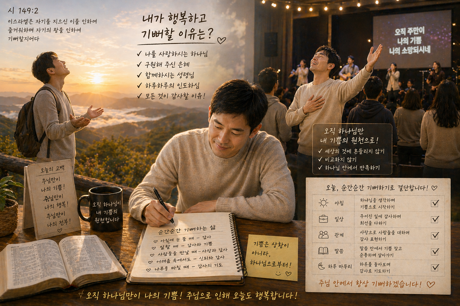 시 149:2에서 내가 행복하고 기뻐할 이유를 생각하며 오직 하나님만을 내 기쁨의 원천으로 생각하며 삶에서 순간순간 기뻐하려는 시도를 하는 모습입니다.