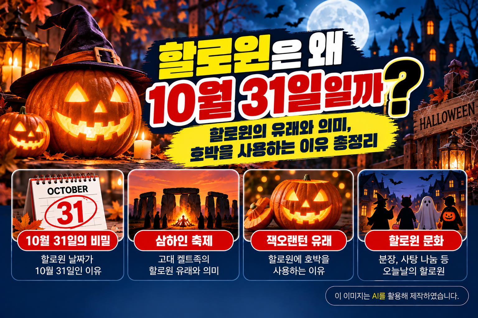 할로윈이 10월 31일인 이유와 삼하인 축제의 유래, 잭오랜턴 호박 장식의 의미, 할로윈 문화를 소개하는 이미지