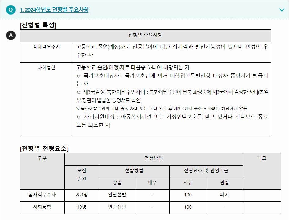 2024학년도 한경국립대학교 학생부종합전형 전형별 주요사항