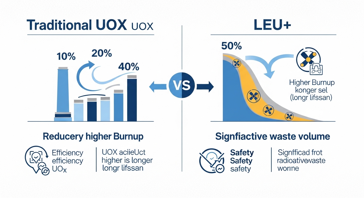 기존 핵연료와 LEU+ 핵연료의 연소 효율 및 사용 후 핵연료량 차이를 비교하는 인포그래픽.