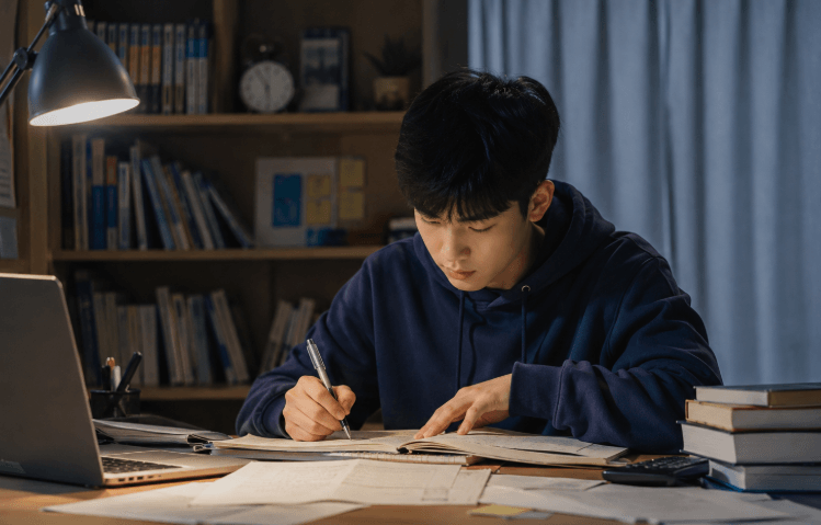 밤까지 책상앞에서 열심히 공부하는 학생