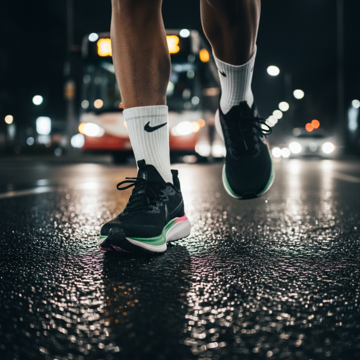 신발과 대비되는 색상의 미드 크루 러닝 양말