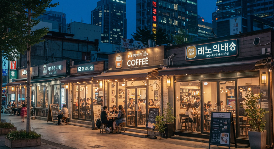 야경 속 커피를 즐기는 한국 도시의 풍경