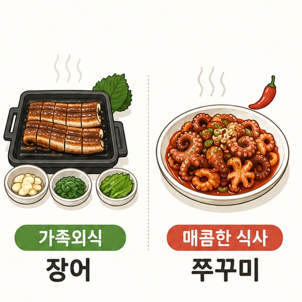 장어구이와 직화 쭈꾸미를 이용해 가족외식과 매콤한 식사에 어울리는 메뉴를 비교하는 그림