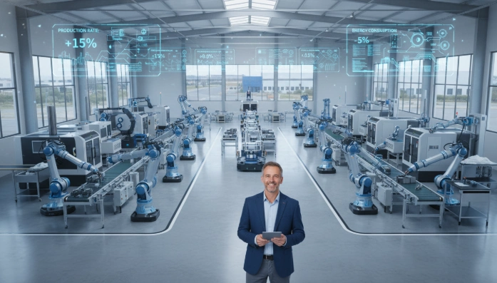 혁신 바우처를 통해 스마트 공장으로 전환하고 생산성을 향상시키는 비수도권 제조 소기업의 모습을 나타낸 이미지. 자동화된 생산 라인을 보여줍니다.