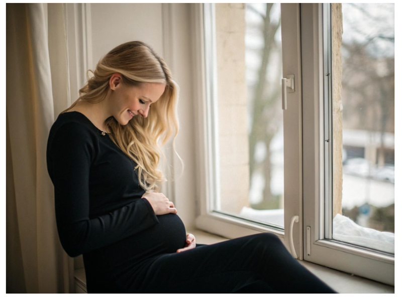 "창가에 앉아 배를 어루만지며 미소 짓는 임산부의 모습, 임신 중 체중 관리와 행복한 태교를 표현한 장면"