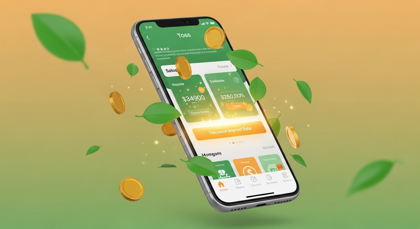 휴대폰-TOSS 어플-주의에 나무잎과 황금동전이 휘날라고있다
