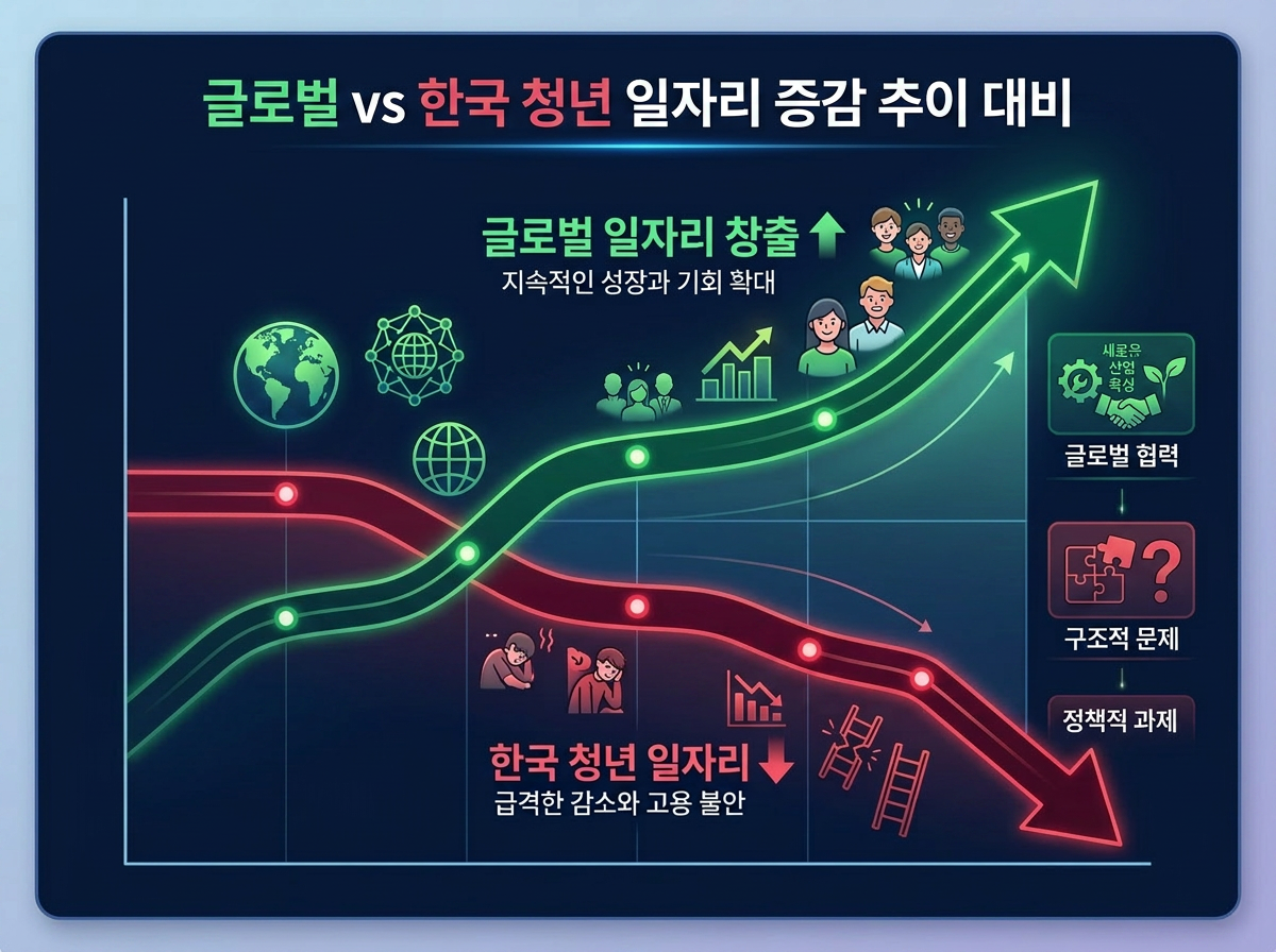 글로벌 일자리 순증 vs 한국 청년 일자리 감소 비교 그래프