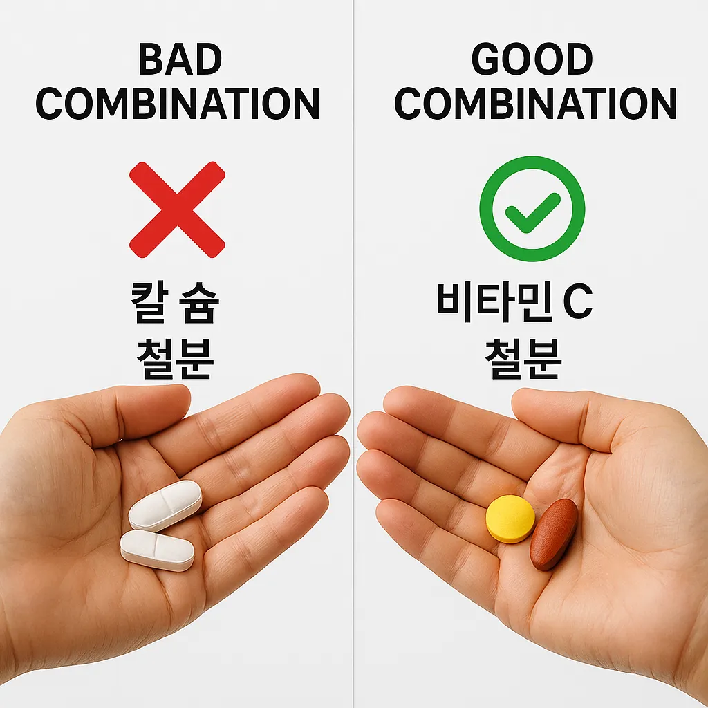 좋은 영양제 조합과 나쁜 영양제 조합을 시각적으로 비교하는 사실적인 이미지