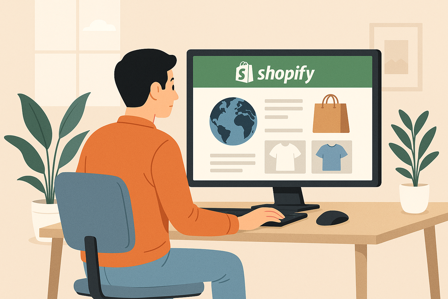 &quot;Shopify 온라인 스토어를 운영 중인 한국인 셀러가 집에서 컴퓨터 앞에 앉아 자신의 브랜드몰을 관리하는 모습을 묘사한 디지털 일러스트. 책상 위에 모니터에는 쇼피파이 로고와 상품 이미지들이 보이며, 주변에는 화분과 창문이 있는 따뜻한 분위기의 작업 공간이 표현되어 있다.