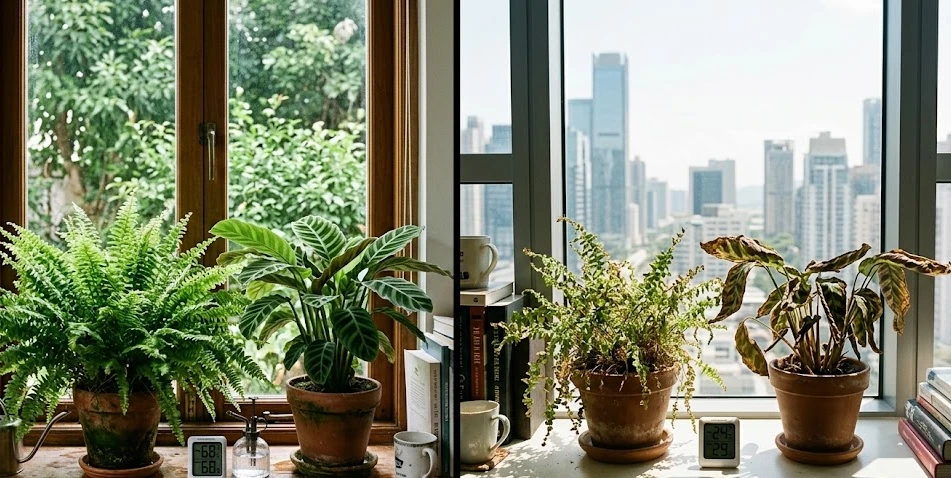 저층 아파트 창가에서 울창하게 자란 보스턴고사리와 고층 아파트 창가에서 잎이 타 들어가는 칼라데아의 상태를 온습도계 수치와 함께 대조한 이미지