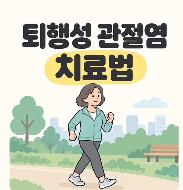 퇴행성 관절염 치료법 문구 아래 운동화를 신은 중년 여성이 공원 길을 걷는 모습