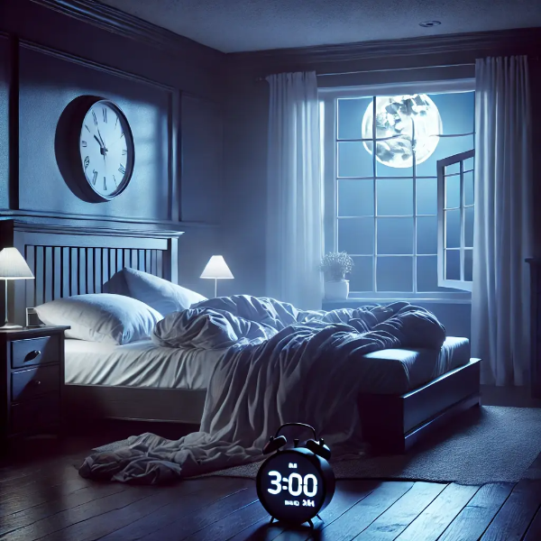 수면장애를 상징하는 어두운 침실 &ndash; 흐트러진 침대와 새벽 3시를 나타내는 디지털 시계