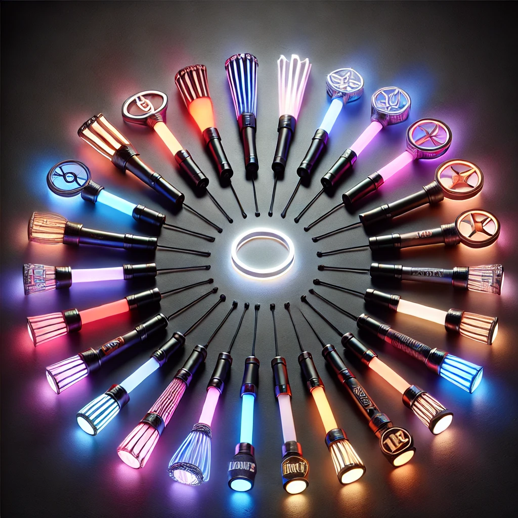 원형으로 배치된 다양한 팬덤 브랜드의 LED 응원봉&amp;#44; 각기 다른 색상의 빛이 조화를 이루며 팬덤의 개성을 표현.