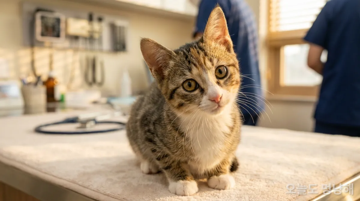 생후 4~6개월 된 건강한 한국 아기 고양이가 동물병원에서 호기심 어린 표정으로 주변을 살피는 모습, 중성화 수술 적정 시기를 상징합니다.