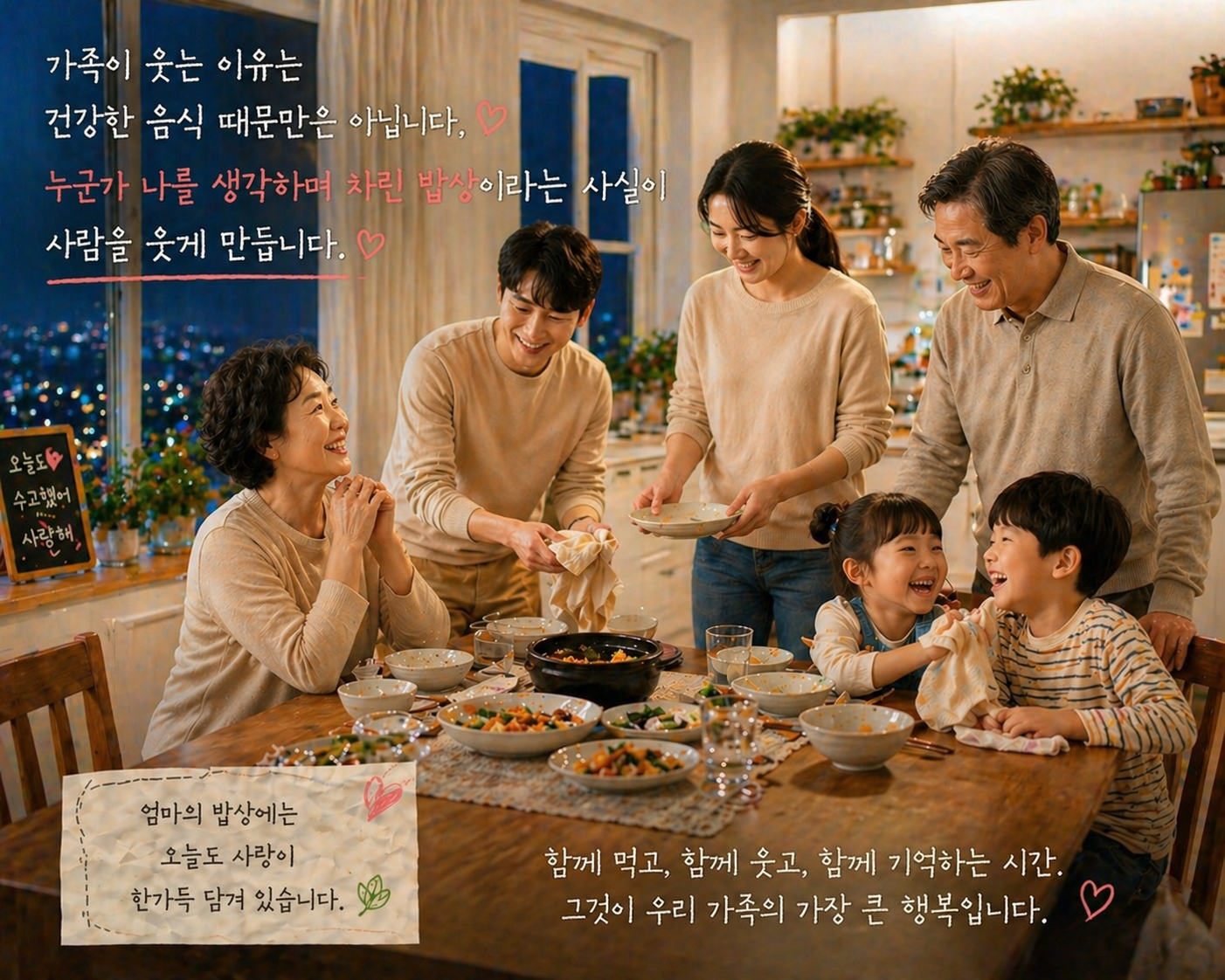 밝은 저녁 주방 식탁에서 3대 가족이 함께 웃으며 식사를 마치고 정리하는 행복한 가족 시간 장면