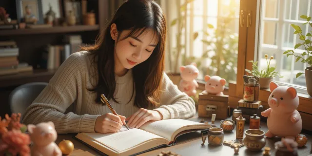 2025년 돼지띠 운세에 따라 재정 목표를 세우는 장면을 표현한 이미지