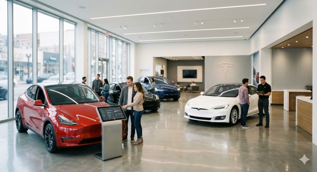 2026년 테슬라 가격 변동을 확인하는 전시장 모습