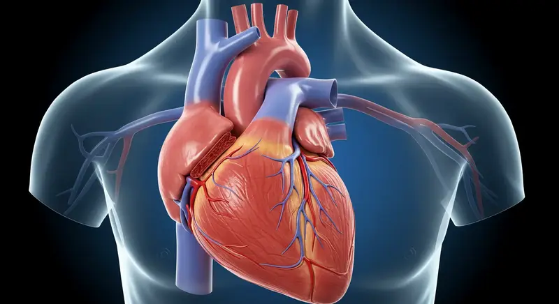 혈관과 심장 내부 구조가 상세히 나타난 3D 해부학 일러스트, 심근경색 원인 설명에 적합