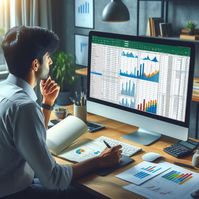 "다양한 색상의 그래프와 데이터가 표시된 엑셀 화면을 다루고 있는 모습입니다."