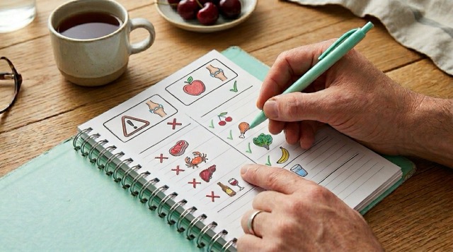 통풍에 해로운 음식 목록을 체크하는 식단 메모 장면