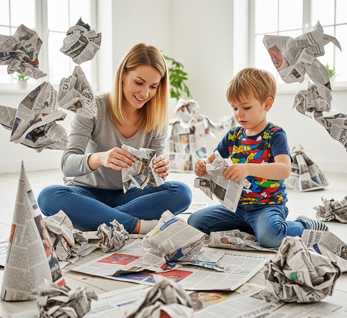 아이랑 엄마가 신문지를 구기고 접으면서 놀고 있는 모습