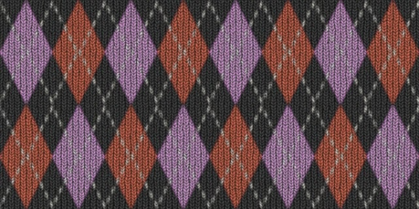 검정색 보라색 주황색 흰색의 실로 대칭적인 아가일 패턴을 이루고 있는 뜨개질 도안 이미지