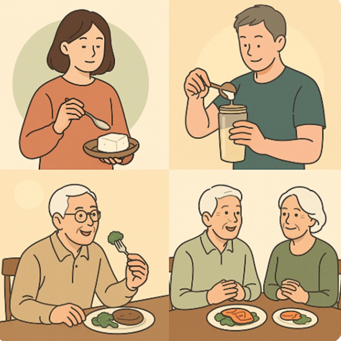 채식주의자를 위한 단백질 식단을 설명하는 일러스트 — 완전단백질 식물, 식물성 단백질 조합, 조리 팁, 단백질 섭취 시기를 아이콘과 함께 표현