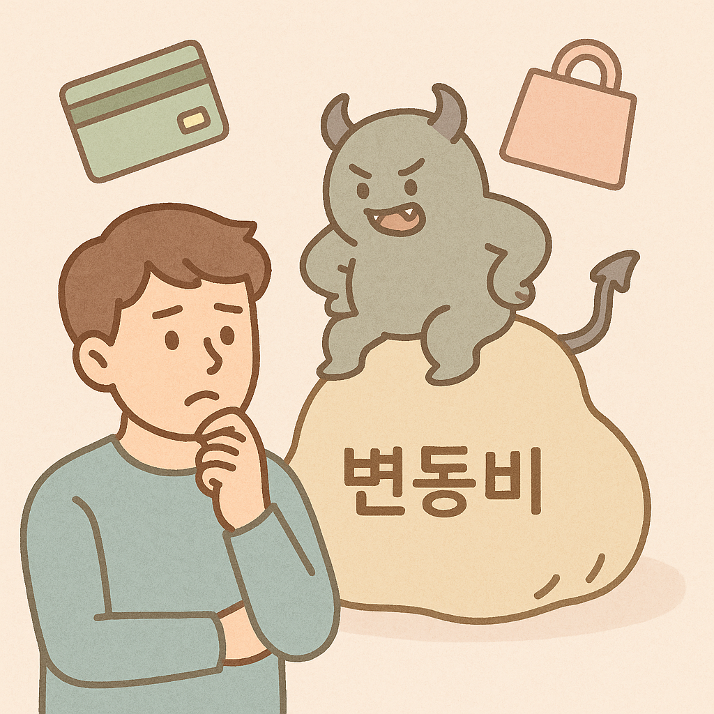 변동비 관리를 고민하는 사람을 나타내는 인포그래픽 이미지