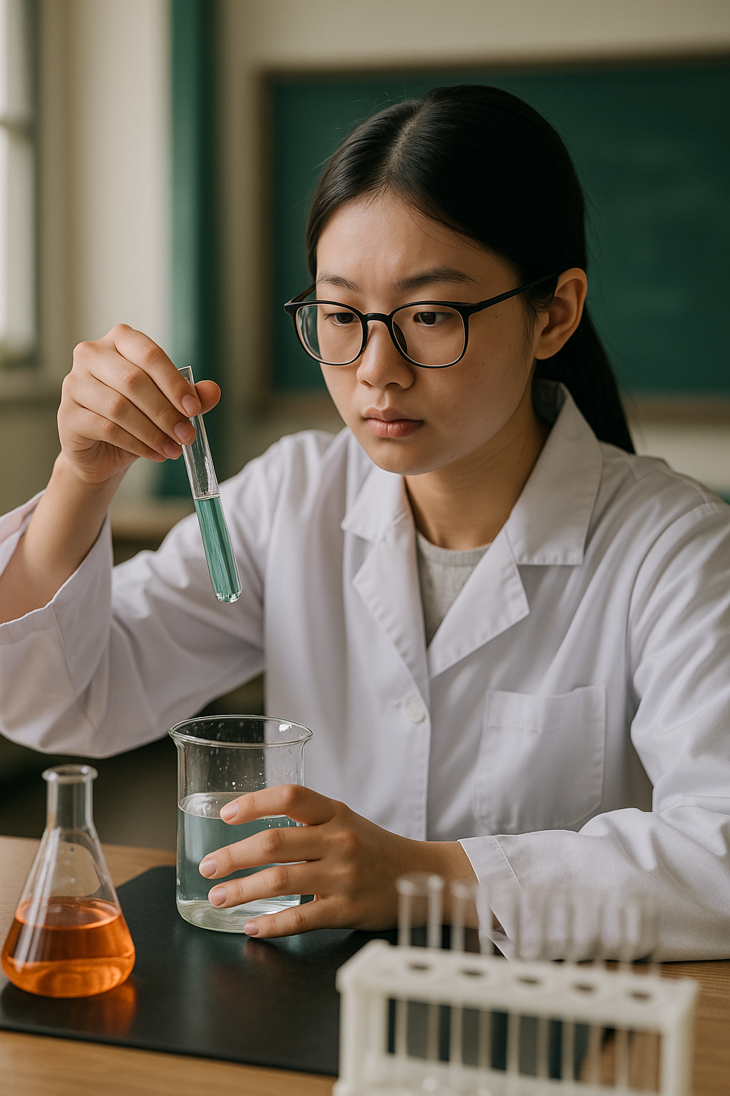 고등학생이 실험실에서 금속 부식 실험을 수행하는 장면