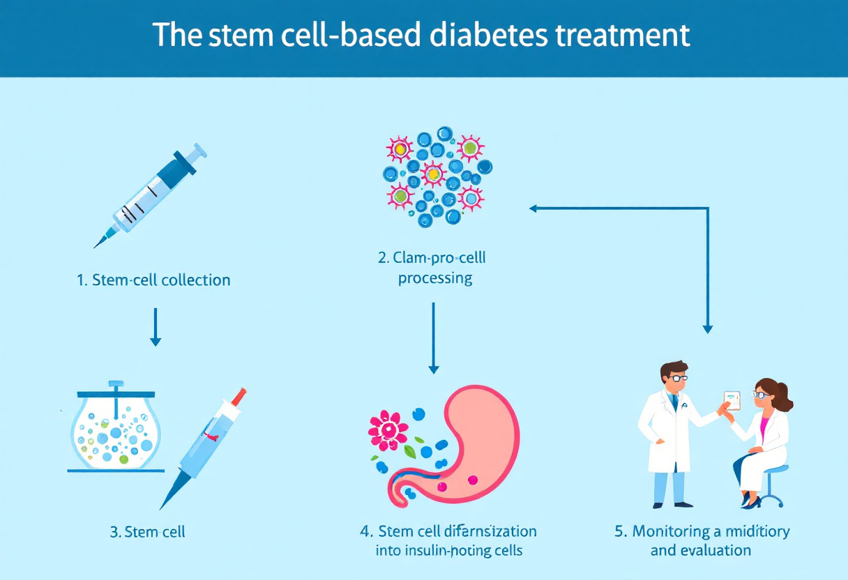 줄기세포 기반 당뇨 치료 절차를 순서대로 설명한 다이어그램"