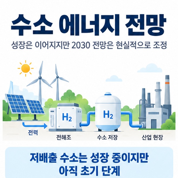 수소 에너지 전망이라는 제목과 그린수소 생산용 전해조 재생에너지 수소 저장탱크 산업시설을 함께 표현한 대표 이미지