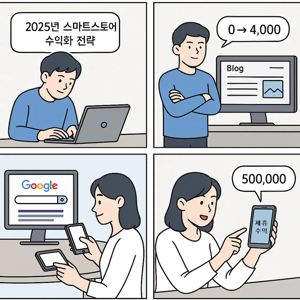 심층 콘텐츠 작성 후 검색 유입과 제휴 수익이 발생하는 과정을 스토리로 보여주는 웹툰