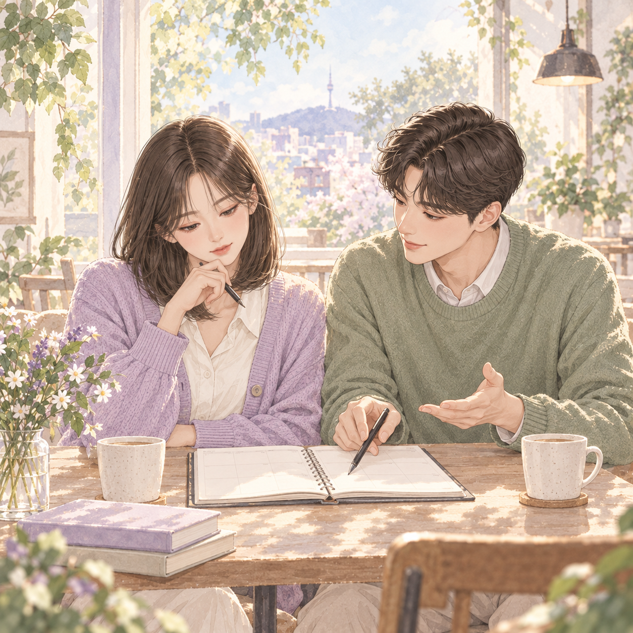 지우와 도윤이 카페에서 함께 만날 시간을 조율하는 모습