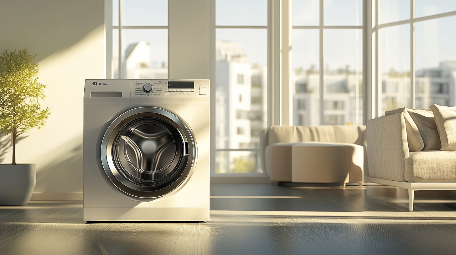 세련된 아파트 내부에 위치한 현대적인 세탁기와 건조기 세트, 자연광이 가득한 공간에서 미니멀리즘 가구와 조화를 이루고 있는 모습.