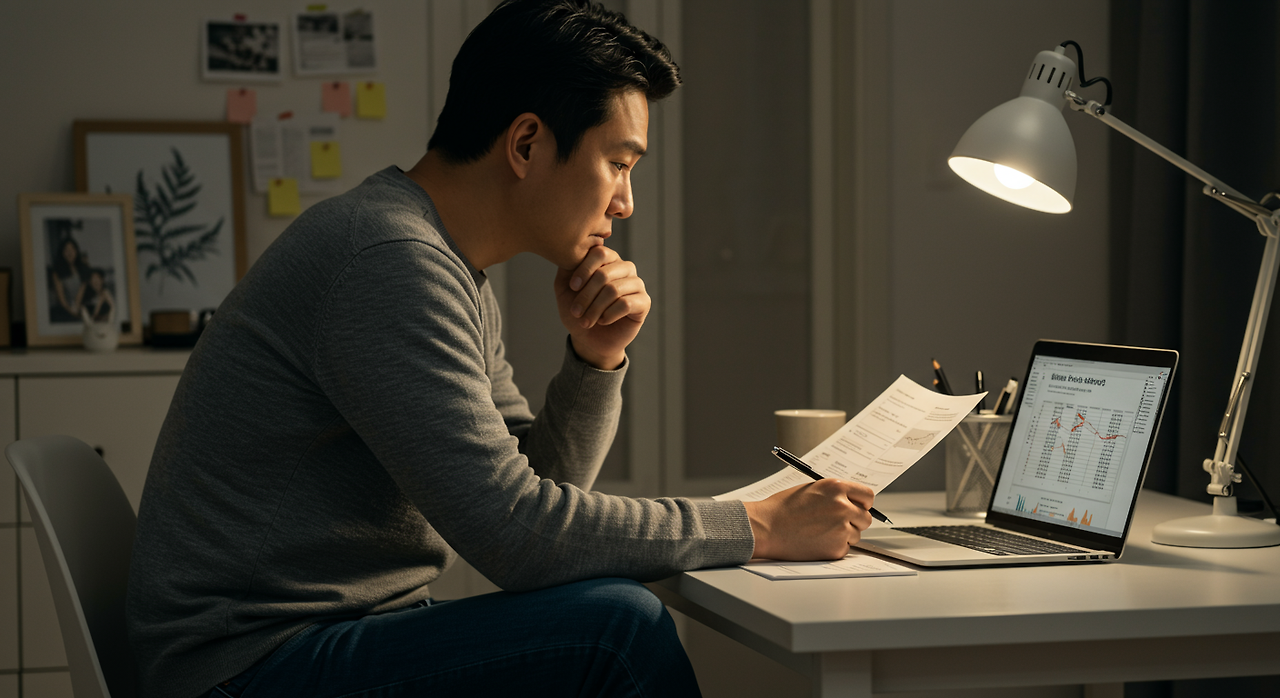 집 책상에서 노트북 화면으로 금융 서류와 숨겨진 비용을 검토하는 남성