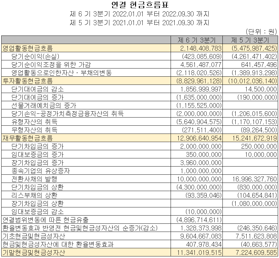 나인테크 - 현금흐름표