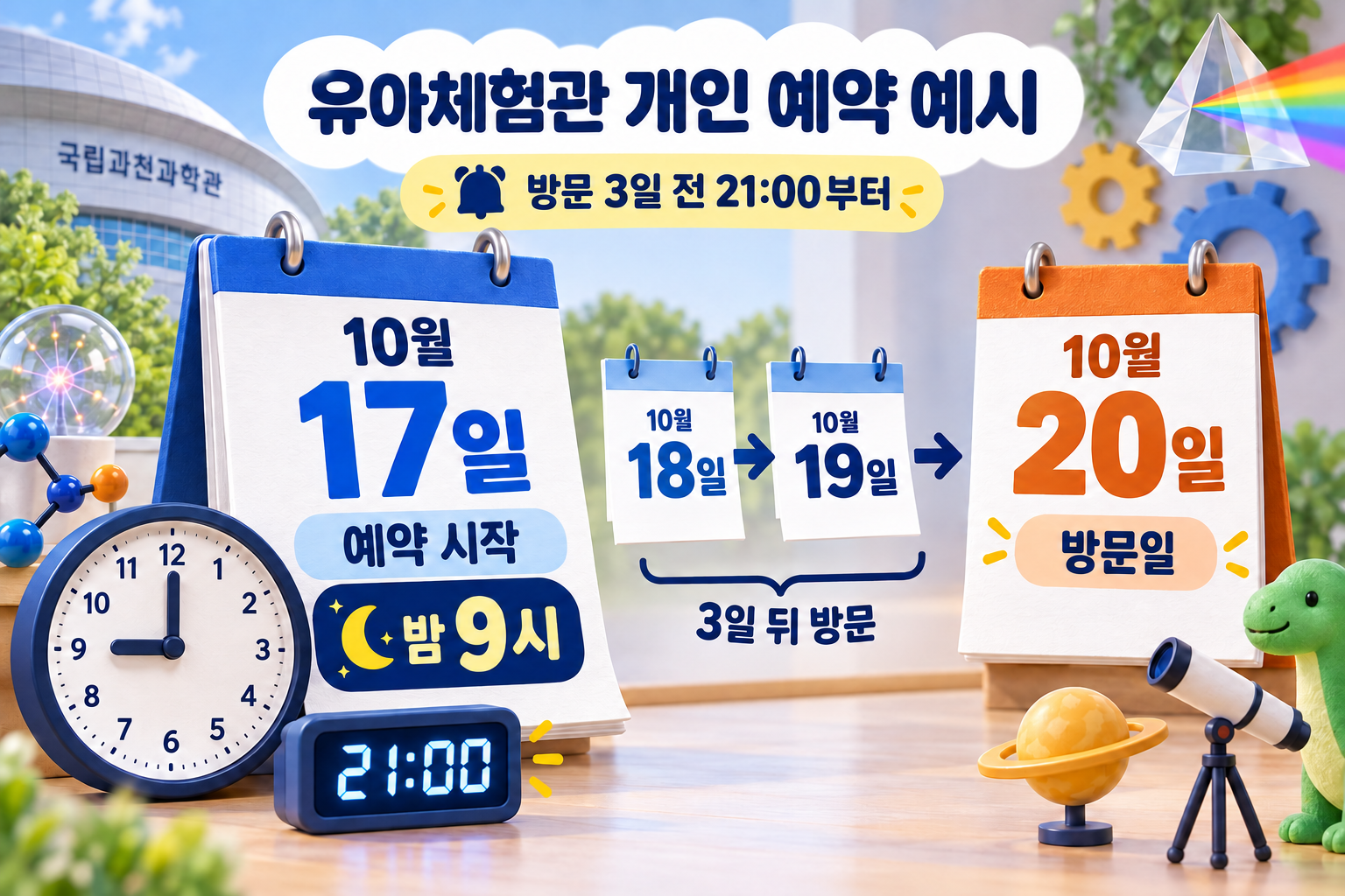 10월 20일 방문은 3일 전인 10월 17일 밤 9시에 개인 예약을 시작하는 예시
