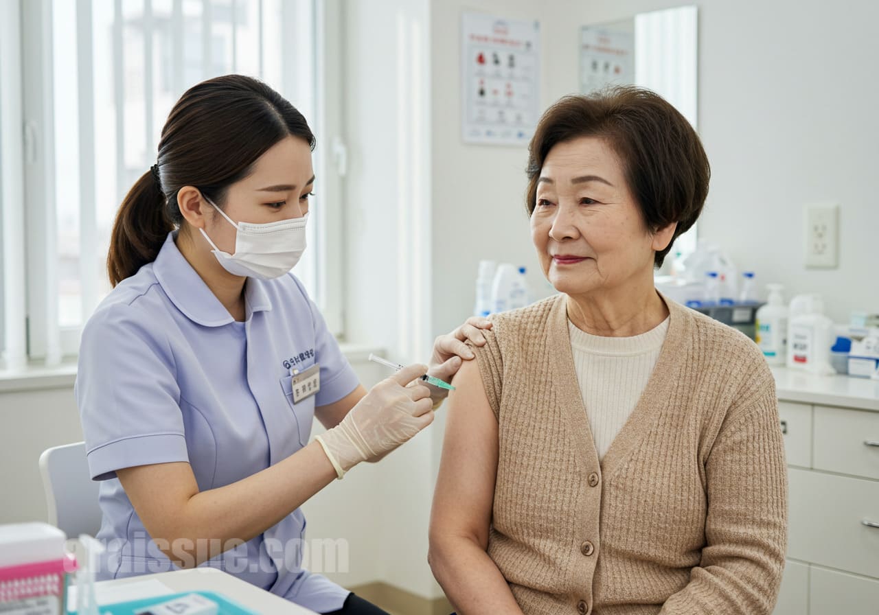 병원에서 간호사에게 폐렴 백신을 맞고 있는 한국인 여성 고령자의 모습. 밝고 깨끗한 진료실에서 상의 소매를 걷고 침착하게 접종을 받는 장면입니다.