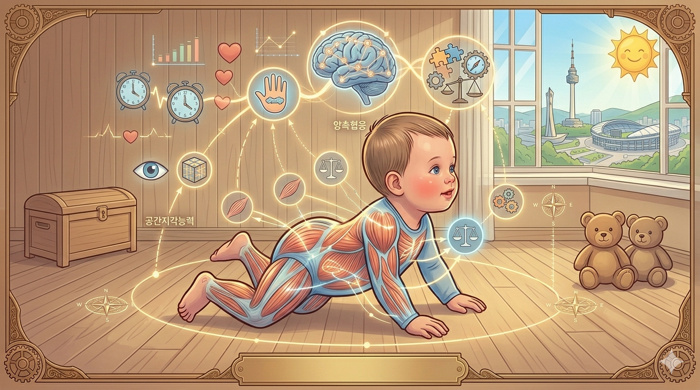 밝고 따뜻한 햇살이 비치는 거실 바닥에서 아기가 활기차게 기어가는 모습을 담은 일러스트이다. 아기의 몸 위로는 근육 구조와 신경계가 투명하게 투영되어, 기어가는 동작이 몸통의 안정성과 팔다리의 양측 협응을 어떻게 이끌어내는지 시각화하고 있다. 아기 주변에는 공간지각 능력을 자극하는 다양한 블록과 장난감들이 배치되어 있어, 아기가 기어가는 과정을 통해 주변 환경을 탐색하고 공간을 인식하는 모습을 보여준다. 아기의 움직임에 맞춰 반짝이는 빛의 기호들은 대근육 발달과 뇌의 활발한 성장을 상징한다. 따뜻한 색감과 부드러운 화풍을 통해 아기가 기기를 통해 건강하게 세상을 배워가는 과정을 희망차게 표현했다.