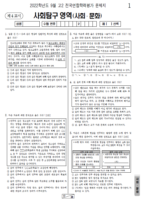 2022-9월-고2-모의고사-사회 문화-기출문제-다운