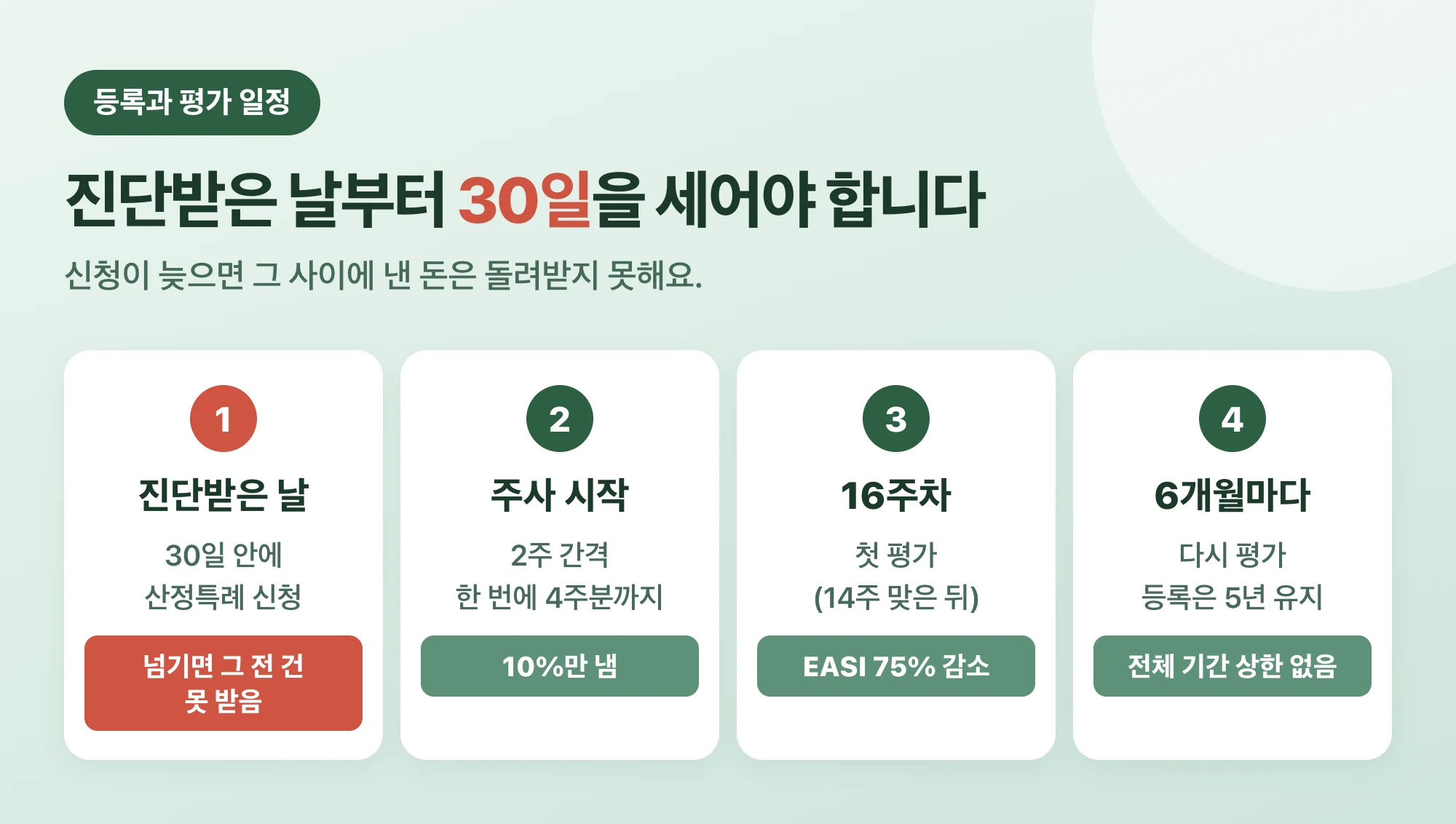 산정특례 신청 30일 기한과 16주차 첫 평가, 6개월마다 다시 보는 일정