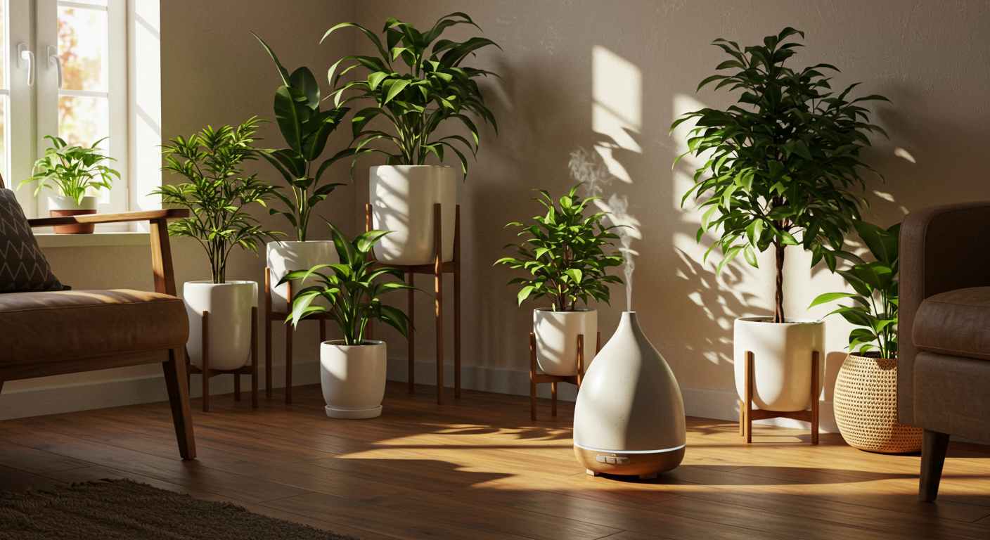 A diffuser is on around the indoor plants in a room.