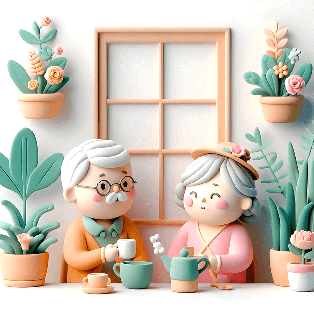 백발의 할아버지와 할머니 부부가 식탁 앞에 앉아 차를 마시면서 대화중이다. 주변엔 예쁜 꽃이 핀 화분들이 가득하다.