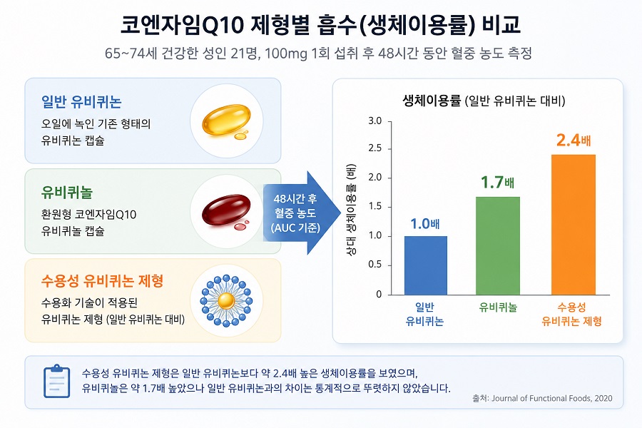 일반 유비퀴논과 유비퀴놀, 수용성 유비퀴논 제형의 흡수 차이를 비교한 모습