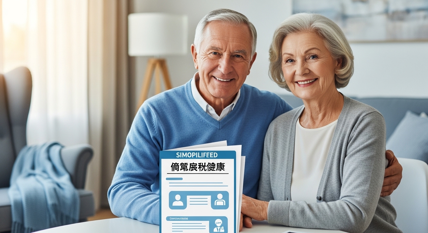 60대 이상 노부부가 간편 심사 실비보험 서류를 보며 편안하게 미소 짓는 모습. 고령층의 쉬운 보험 가입과 의료비 절감을 나타냄.