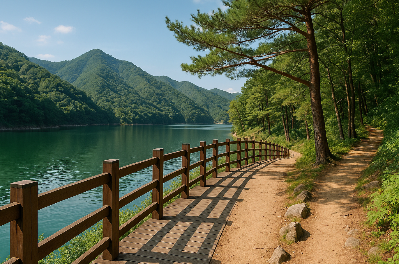 옛날길과 강이 보이는 풍경사진